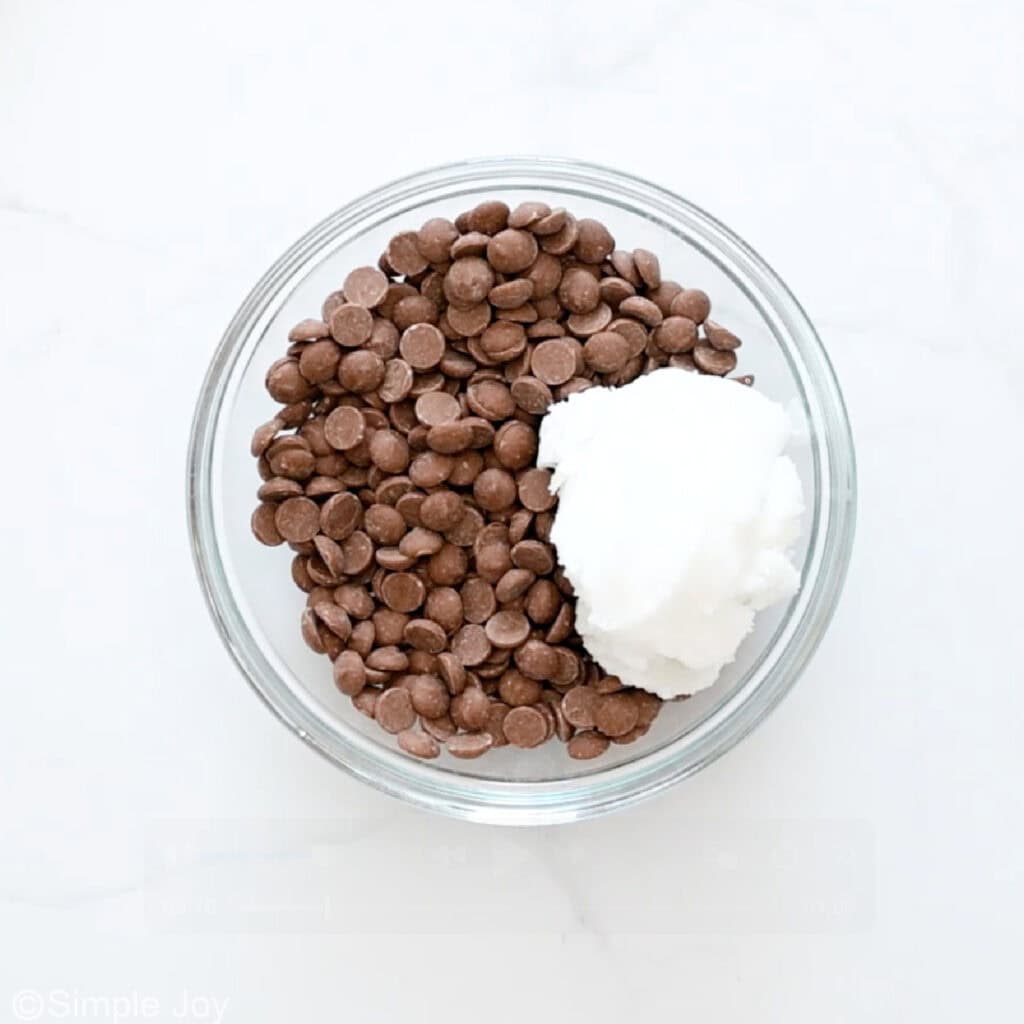 Overhead of glass bowl of magic shell ingredients