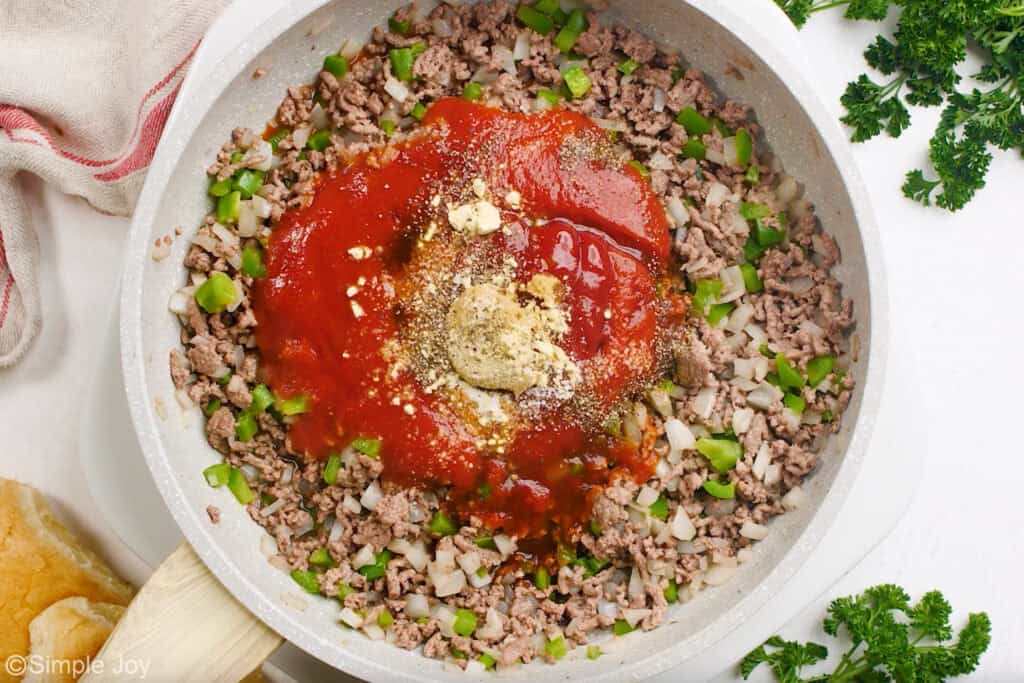 Overhead of skillet of sloppy joes ingredients