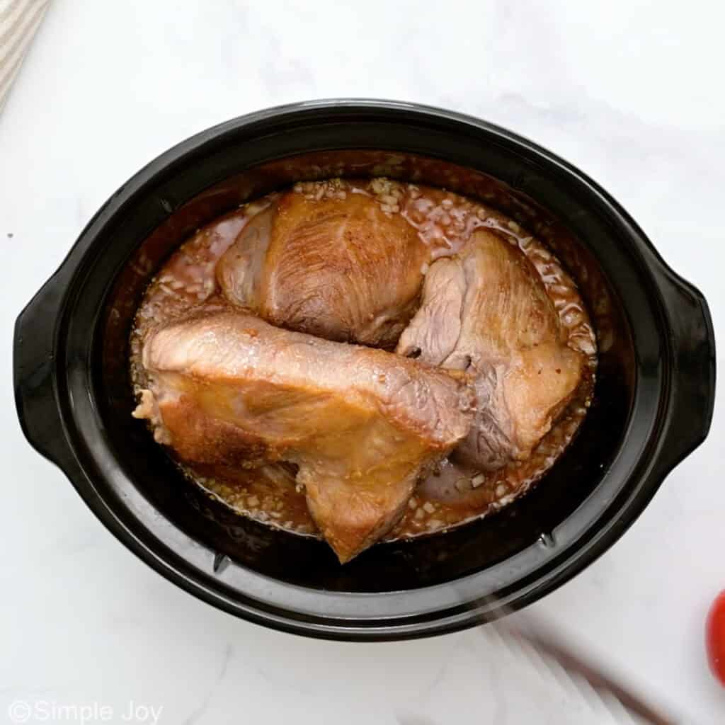Overhead of pork carnitas ingredients in slow cooker