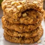 Pinterest graphic for apple cookies. Image shows a stack of apple cookies. Says "the best apple cookies simplejoy.com"