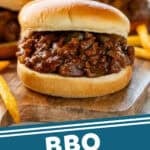 Pinterest graphic for BBQ Sloppy Joes. Image shows close up of a BBQ Sloppy Joe. Says "BBQ Sloppy Joes simplejoy.com"