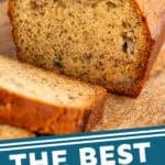 Pinterest graphic for banana bread. Image shows a loaf of banana bread. Says "the best banana bread simplejoy.com"