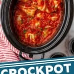 Pinterest graphic for crockpot cabbage rolls. Image shows overhead of slow cooker of cabbage rolls. Says "crockpot cabbage rolls simplejoy.com"