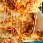 Pinterest graphic for lasagna. Image shows a piece of lasagna lifted out of pan. Says "tried and tested lasagna recipe simplejoy.com"