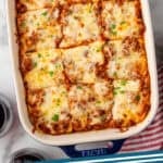Pinterest graphic for lasagna. Image shows overhead of baking dish of lasagna. Says "lasagna recipe simplejoy.com"