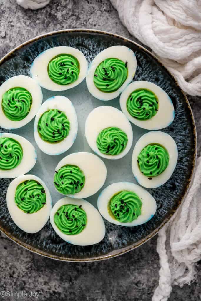 Overhead of plate of Halloween Deviled Eggs
