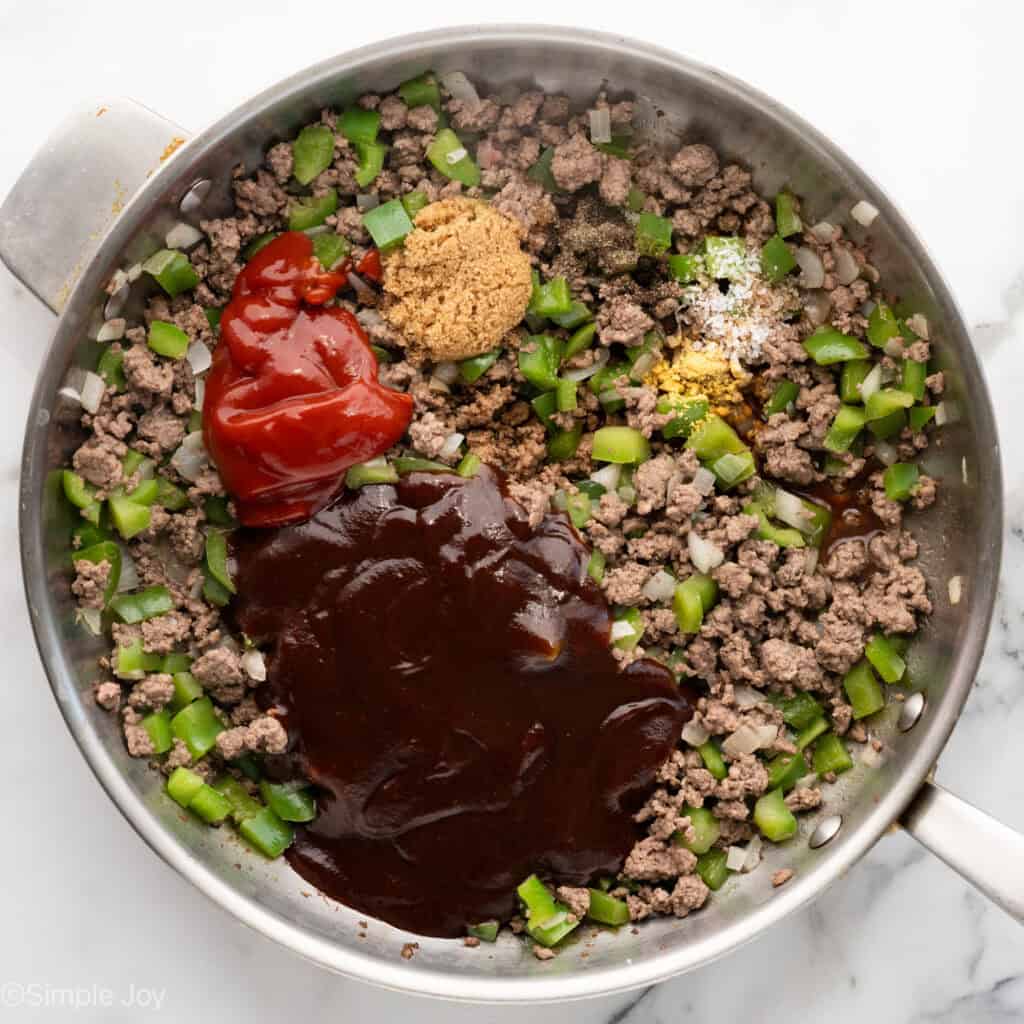 Overhead of skillet of BBQ Sloppy Joes ingredients