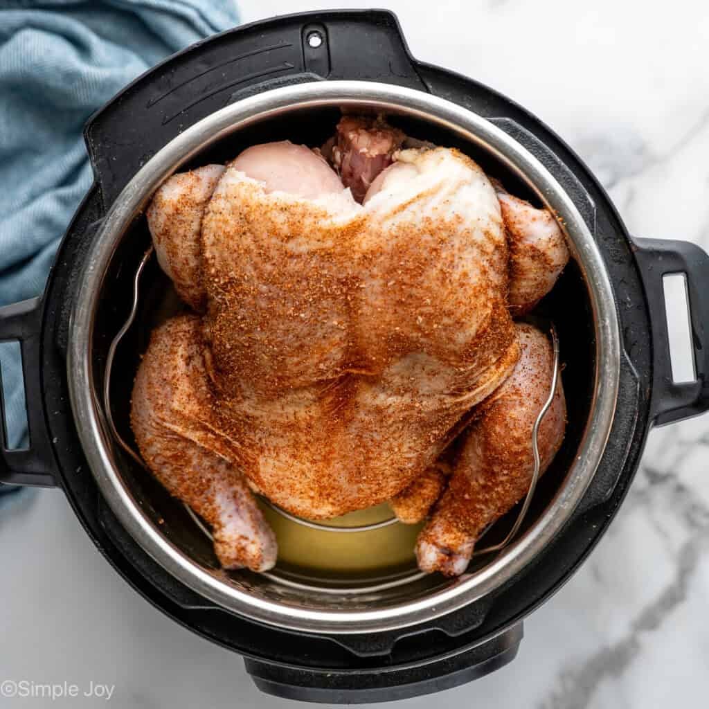 Overhead of chicken covered with seasonings in an Instant Pot to make Instant Pot Whole Chicken recipe
