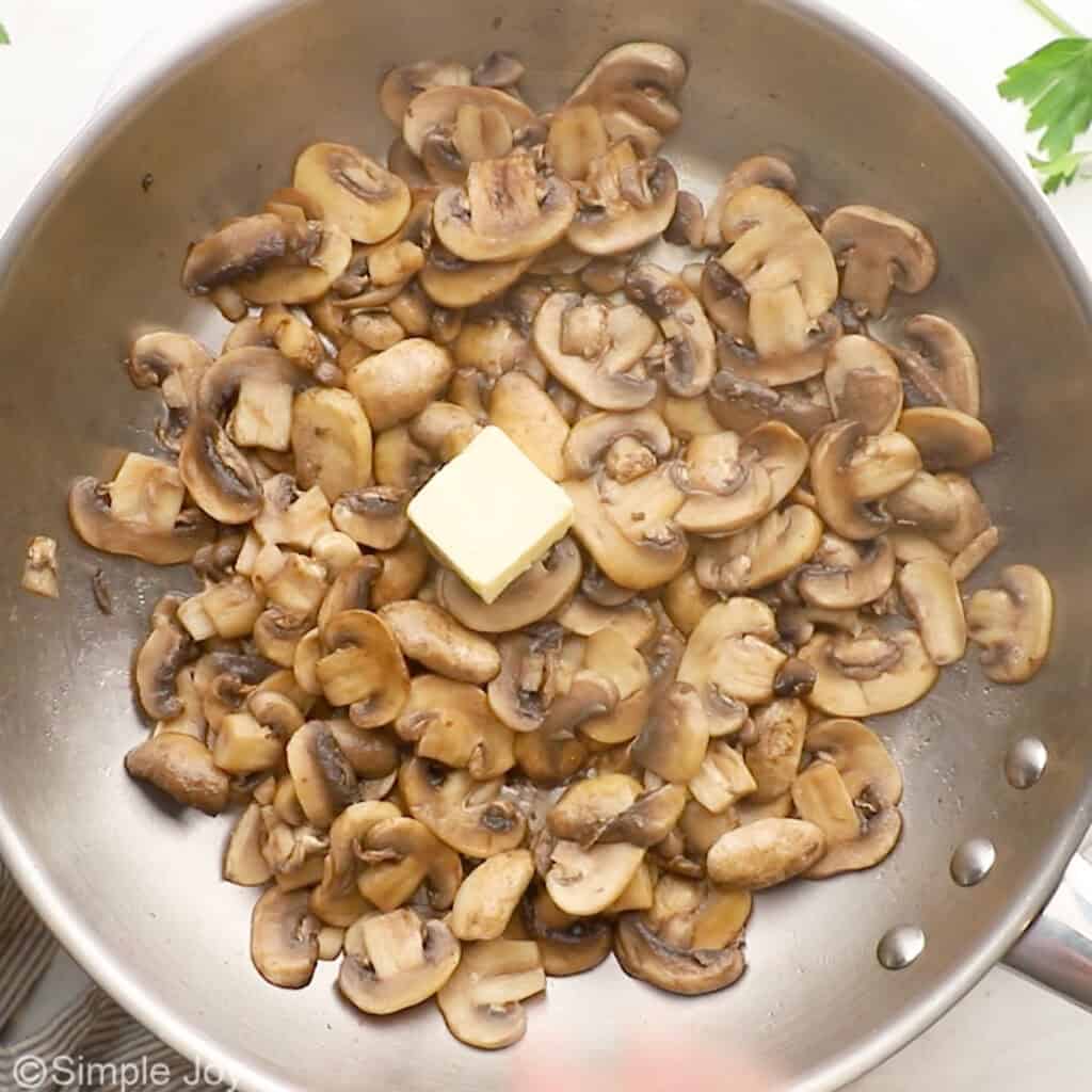 Overhead of skillet of sauteed mushroom ingredients