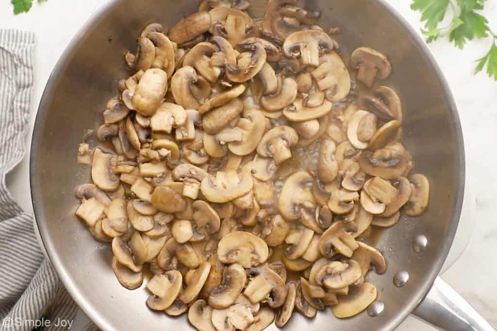 Overhead of skillet of sauteed mushroom ingredients