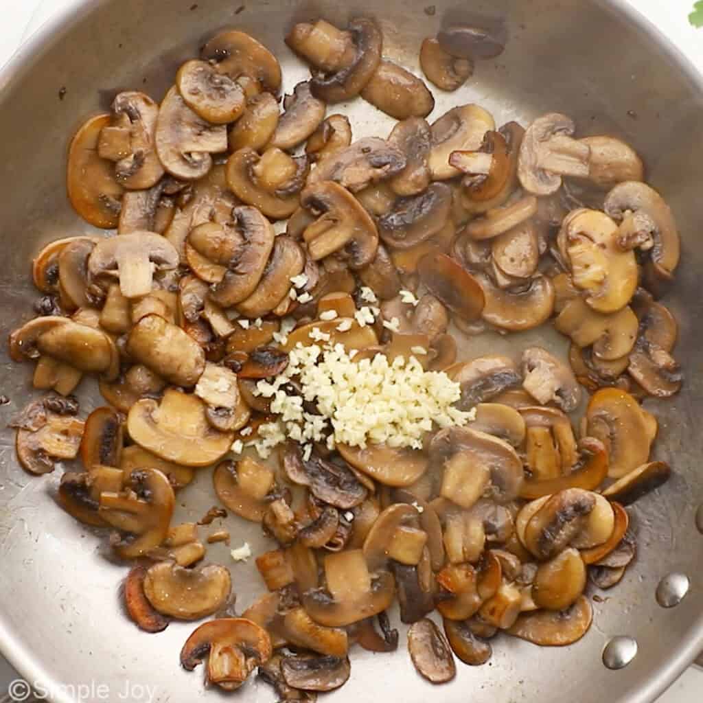 Overhead of skillet of sauteed mushroom ingredients