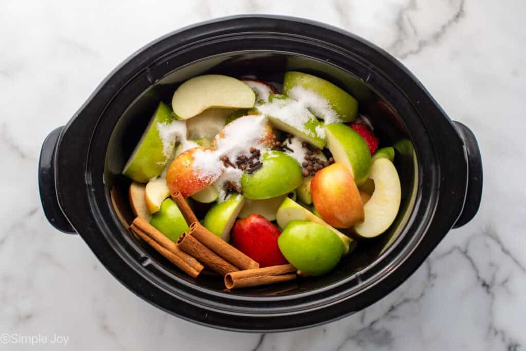 Overhead of slow cooker of apple cider ingredients
