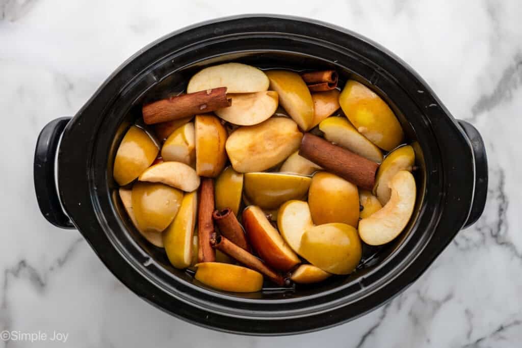 Overhead of slow cooker of apple cider ingredients