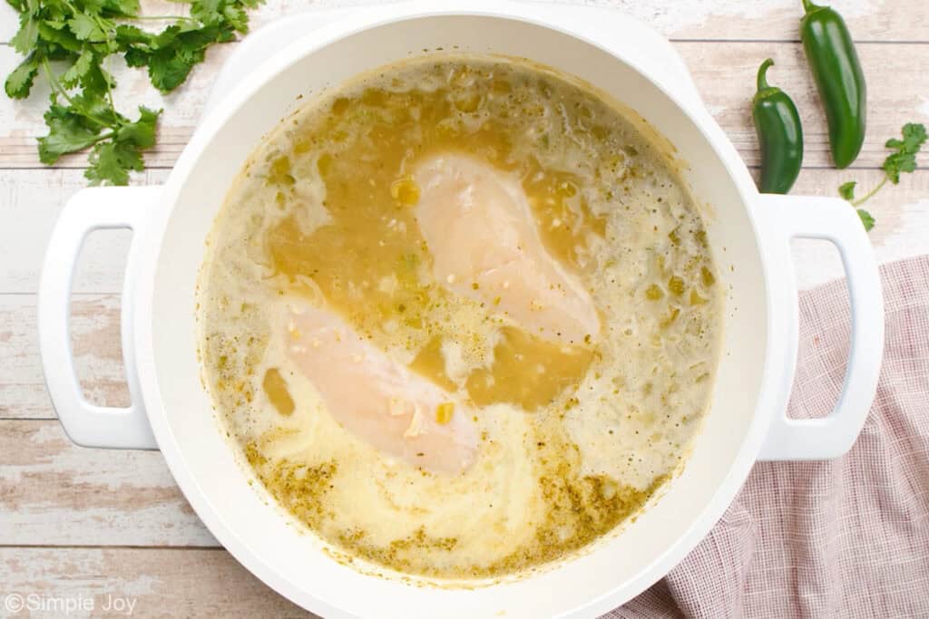 Overhead of pot of white chicken chili ingredients
