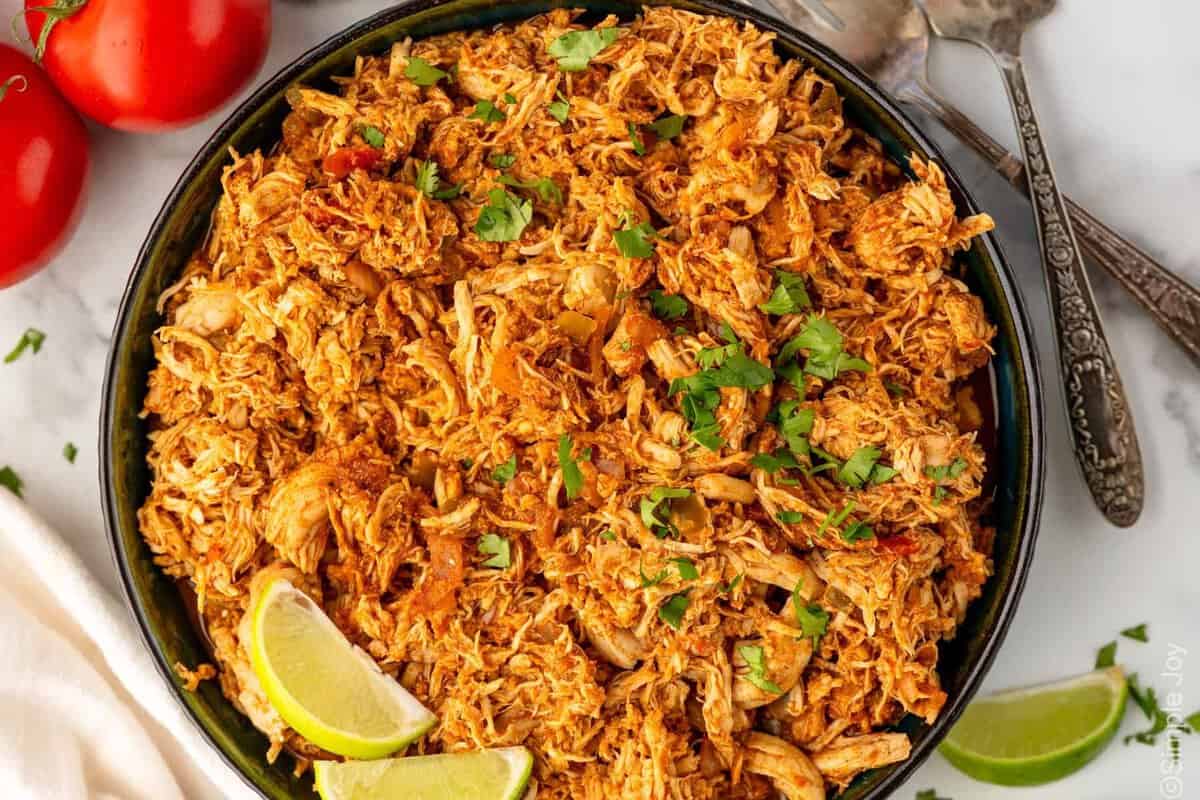 overhead of a plate of instant pot shredded taco chicken