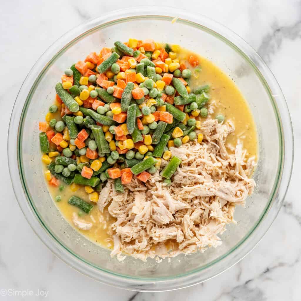 Overhead of bowl of chicken cobbler ingredients