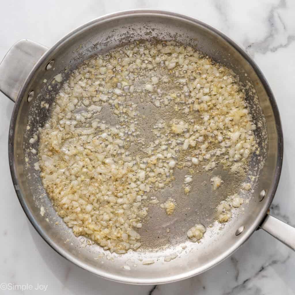Overhead of skillet of easy chicken pot pie ingredients
