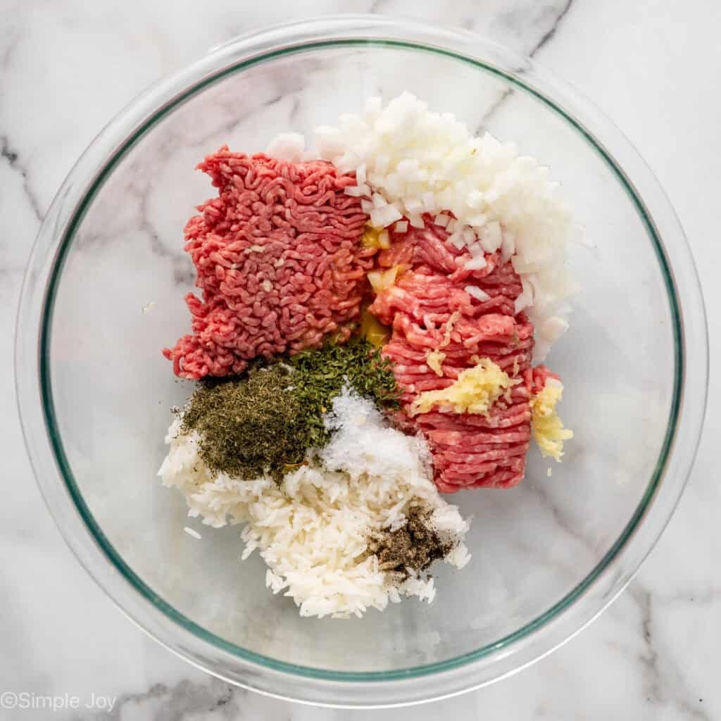 Overhead of bowl of cabbage roll ingredients