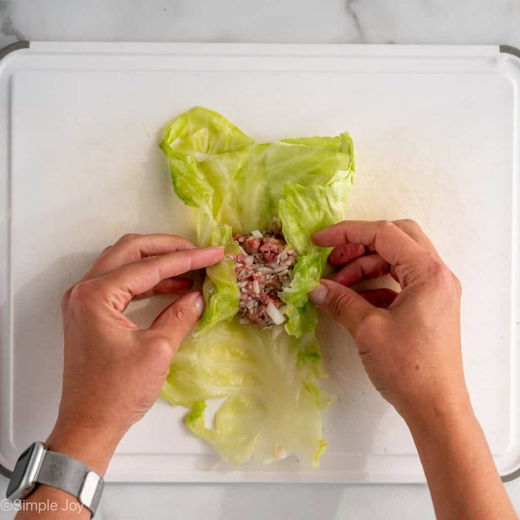 Overhead of person's hands holding cabbage roll ingredients in cabbage leaf