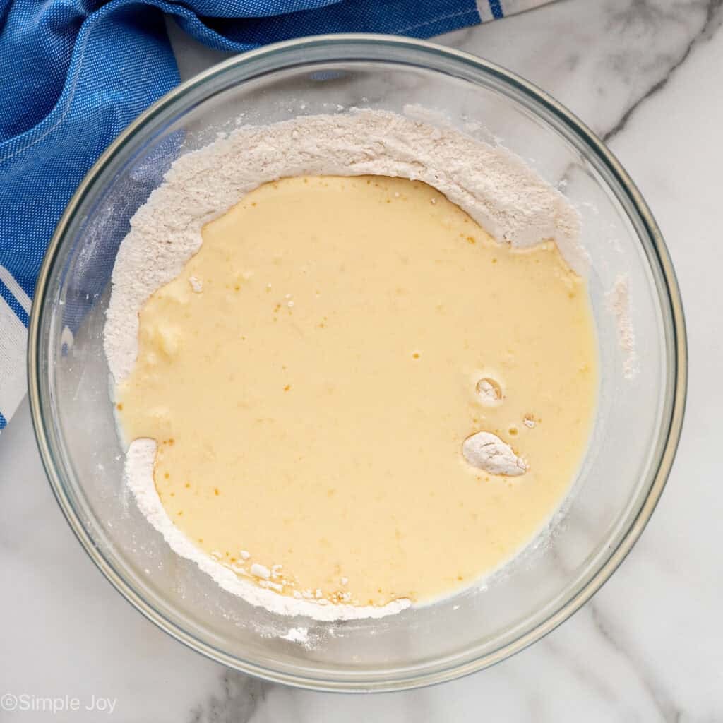 Overhead of bowl of chocolate chip pancakes ingredients