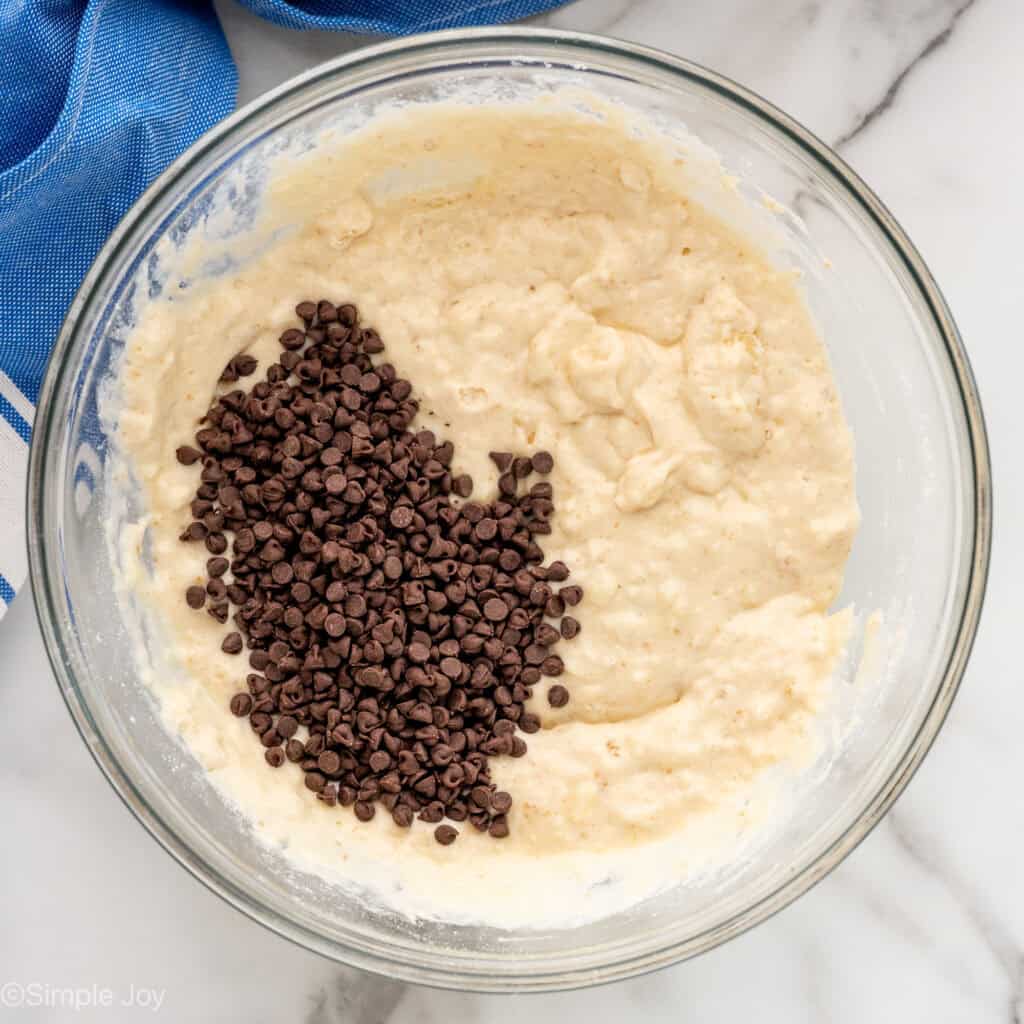 Overhead of bowl of chocolate chip pancakes ingredients