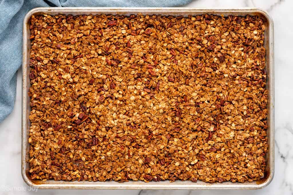 Overhead of baking pan of granola