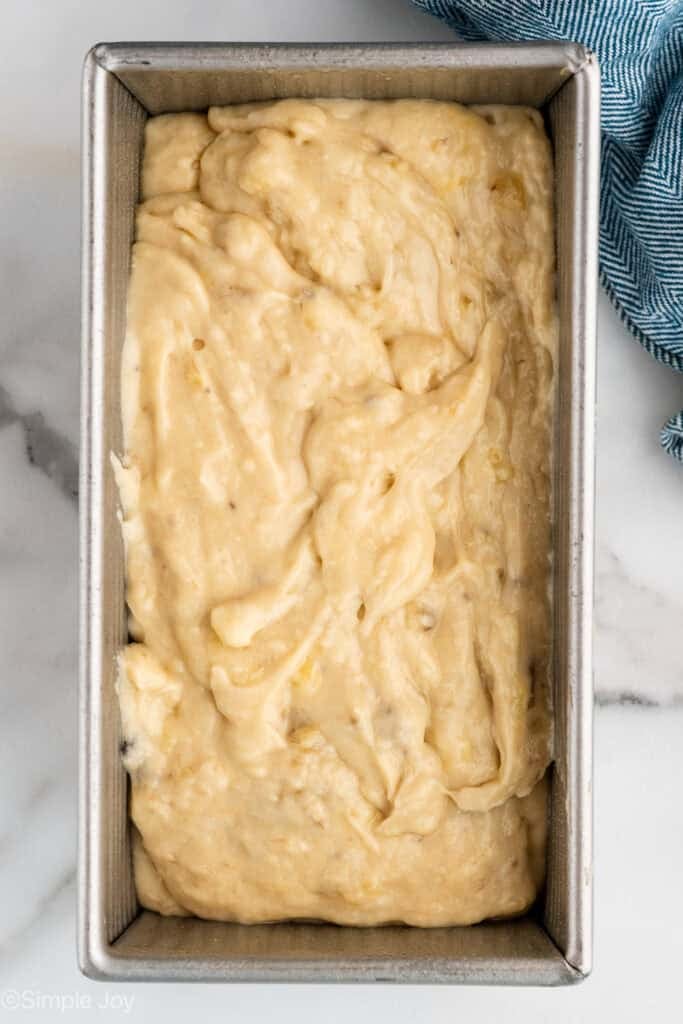 Overhead of loaf pan of banana bread batter