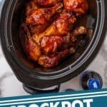 Pinterest graphic for crockpot chicken drumsticks. Image shows overhead of slow cooker of chicken drumsticks with sauce. Says "crockpot chicken drumsticks simplejoy.com"