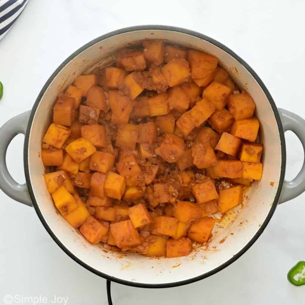Overhead of stockpot of butternut squash chili ingredients