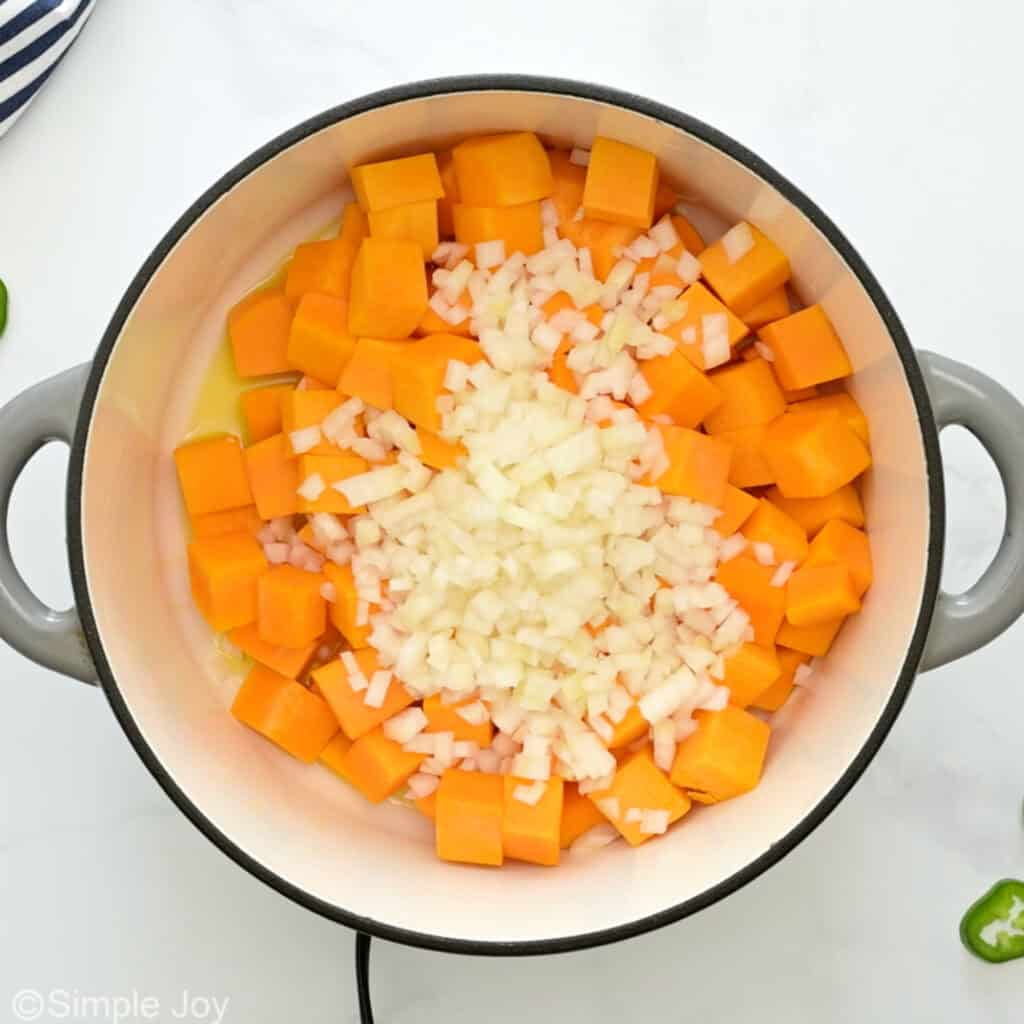 Overhead of stockpot of butternut squash chili ingredients
