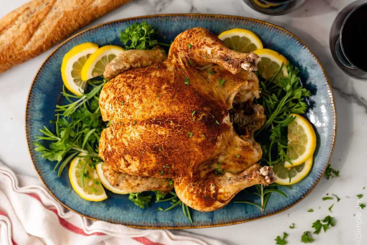 Overhead of Instant Pot Whole Chicken on a platter surrounded by lemon slices and fresh herbs