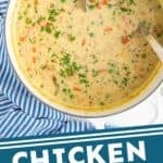 Pinterest graphic for chicken pot pie soup. Image shows overhead of pot of chicken pot pie soup with ladle. Says "chicken pot pie soup simplejoy.com"
