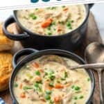 Pinterest graphic for chicken pot pie soup. Says "the best chicken pot pie soup simplejoy.com"