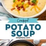 Pinterest graphic for crockpot potato soup. Top image shows bowl of crockpot potato soup with spoon, garnished with diced bacon, chives, and shredded cheese. Says "crockpot potato soup simplejoy.com" Lower image shows overhead of slow cooker of potato soup garnished with shredded cheese, diced bacon, and chives.