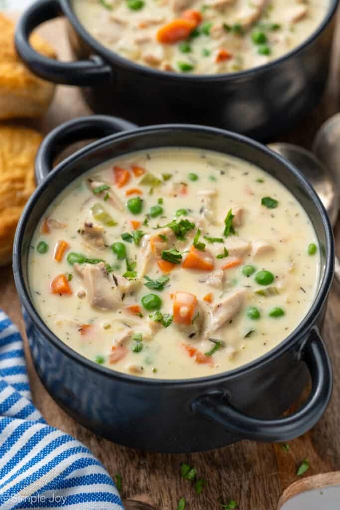 two bowls of chicken pot pie soup