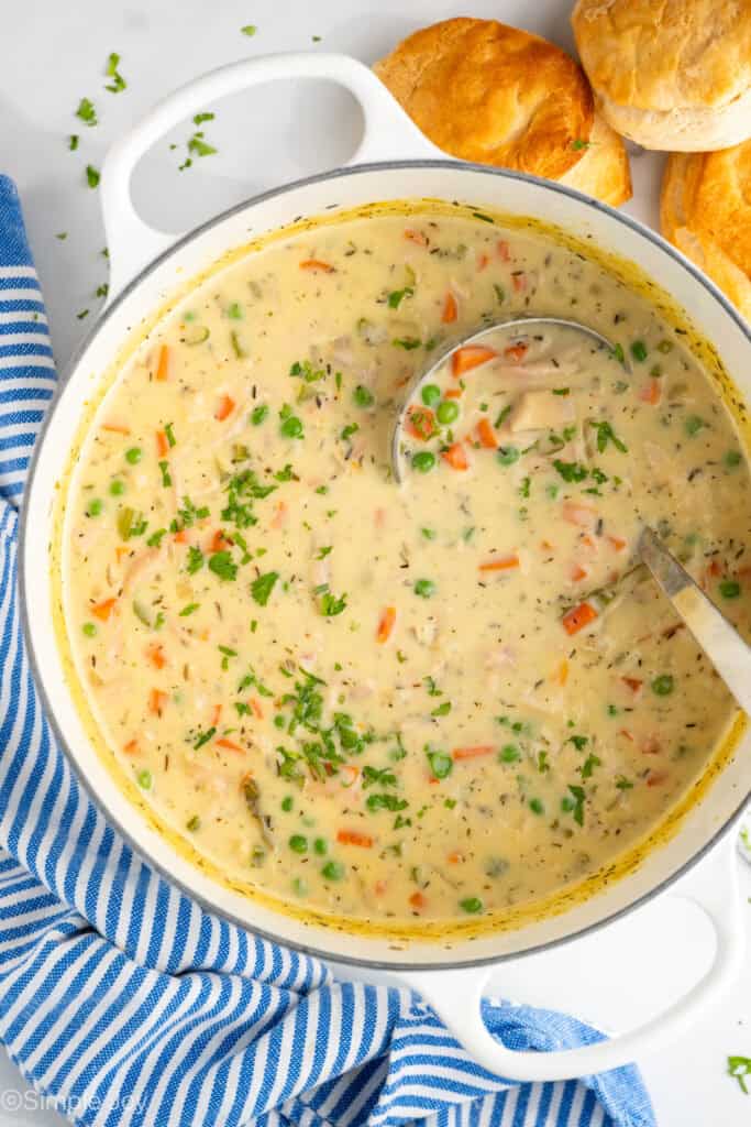 Pot of chicken pot pie soup with ladle