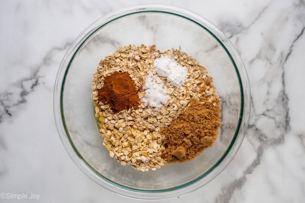 Overhead of bowl of baked oatmeal ingredients