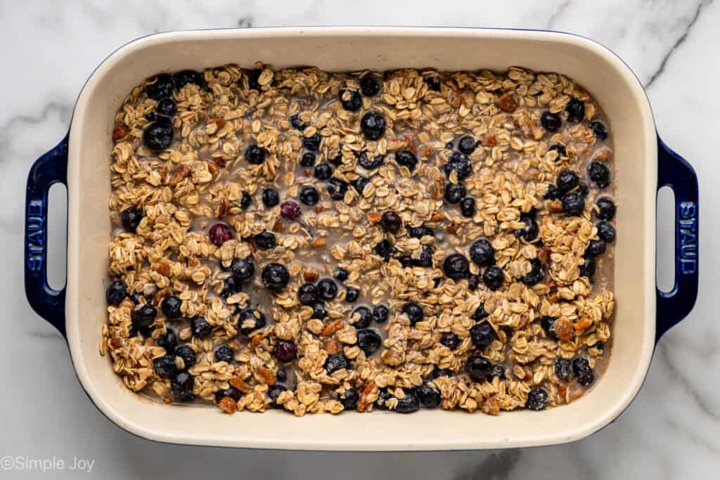 Overhead of pan of baked oatmeal ingredients