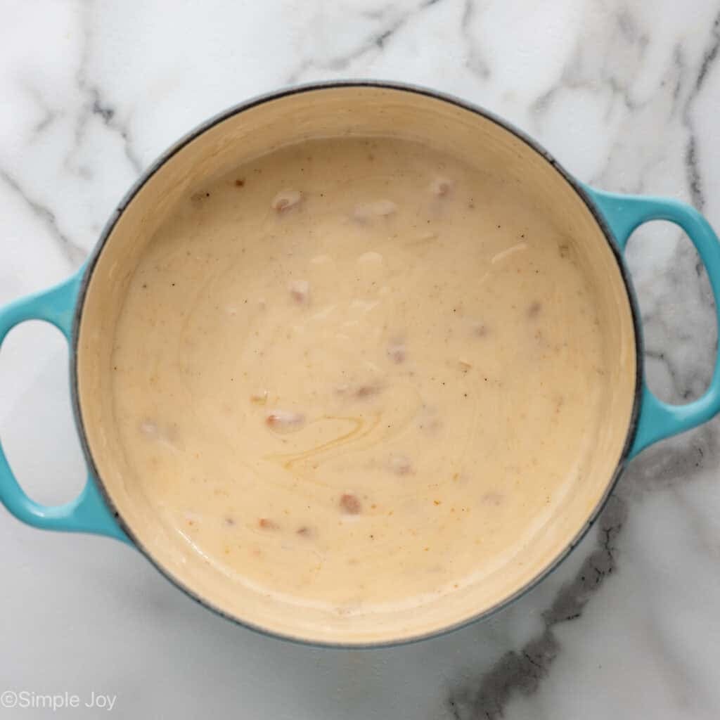 Overhead of pot with creamy cooked roux