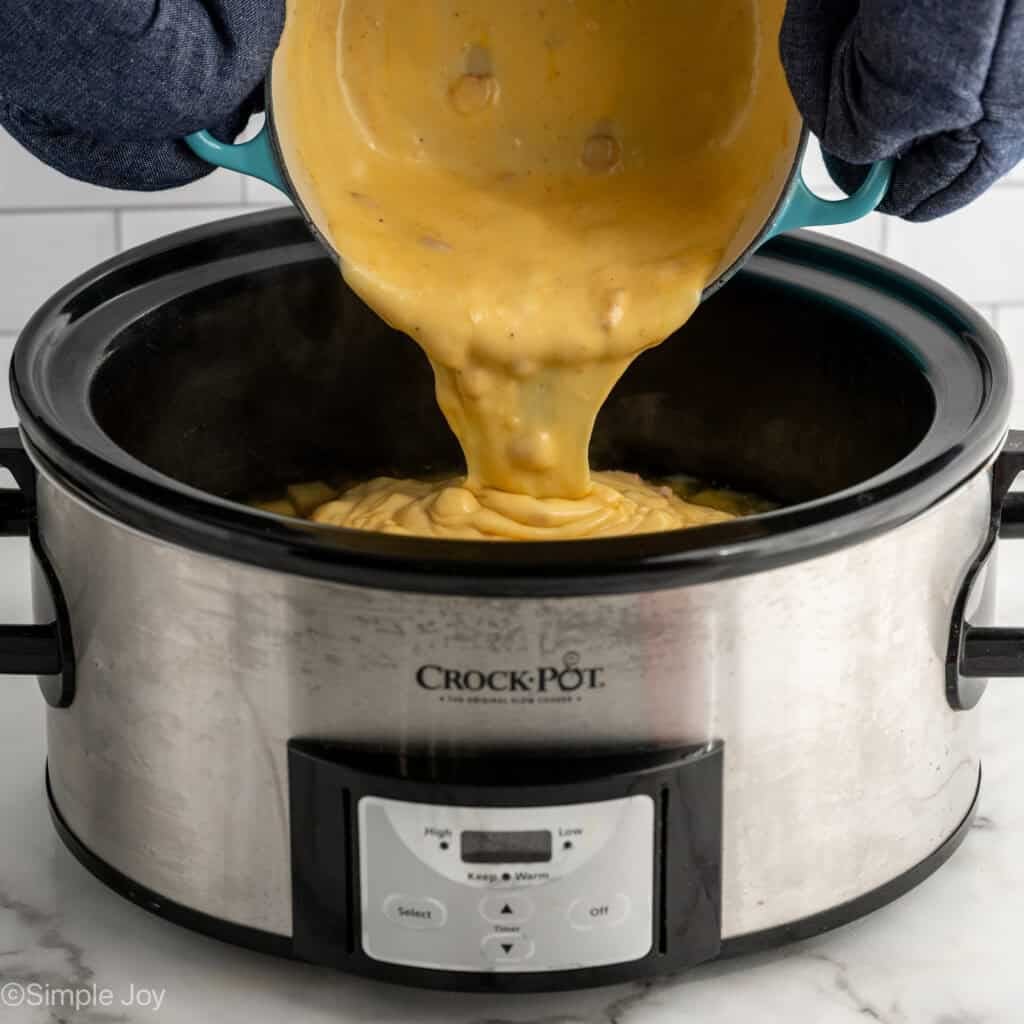 Person pouring pot of creamy cheese sauce into a slow cooker