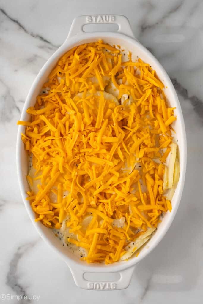 Overhead of baking dish with uncooked sliced potatoes topped with shredded cheese