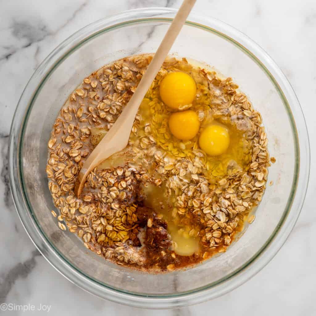 overhead of a bowl of oats, cinnamon, milk, vanilla, sugar, and eggs